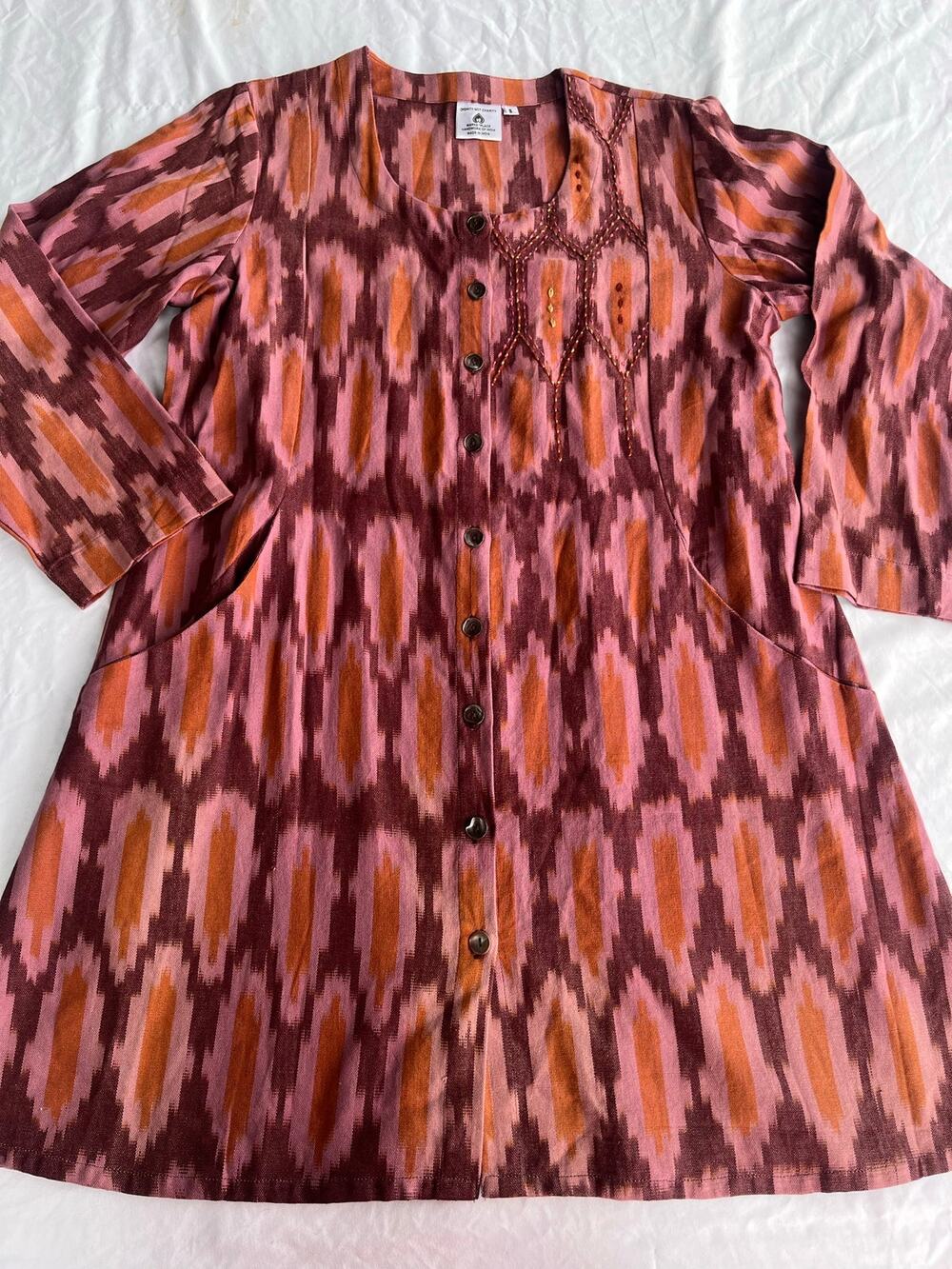 Marketplace Handwork of India Boho Ikat Tunic Shirt Dress Pockets Pink Orange S